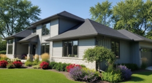 A horizontal photorealistic image of a modern Minnesota home on a clear, sunny day. The home features a newly installed gutter system. The house is surrounded by lush green landscaping with flowers, a trimmed lawn, and leafy trees. The gutters well match the color and aesthetics of the homes roofing and siding and style. A visual sense of warmth and comfort should be conveyed, with bright natural light streaming in through the windows. The image should emphasize clarity, realism, and the beauty of upgraded gutter installations in a residential setting.