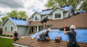 Contractors installing composite shake shingles on a Minnesota home roof to improve protection against extreme weather."