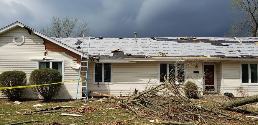 Storm-damaged Minnesota home with missing shingles, broken siding, and debris in the yard as repairs begin