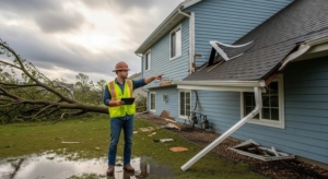 Contractor inspecting storm damage on a Minnesota home roof with bent gutters and fallen tree branches.